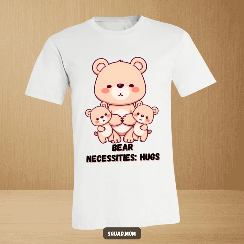Funny t-shirt depicting a gentle bear mom holding hands with her two cubs, celebrating family love and togetherness with a heartwarming design.