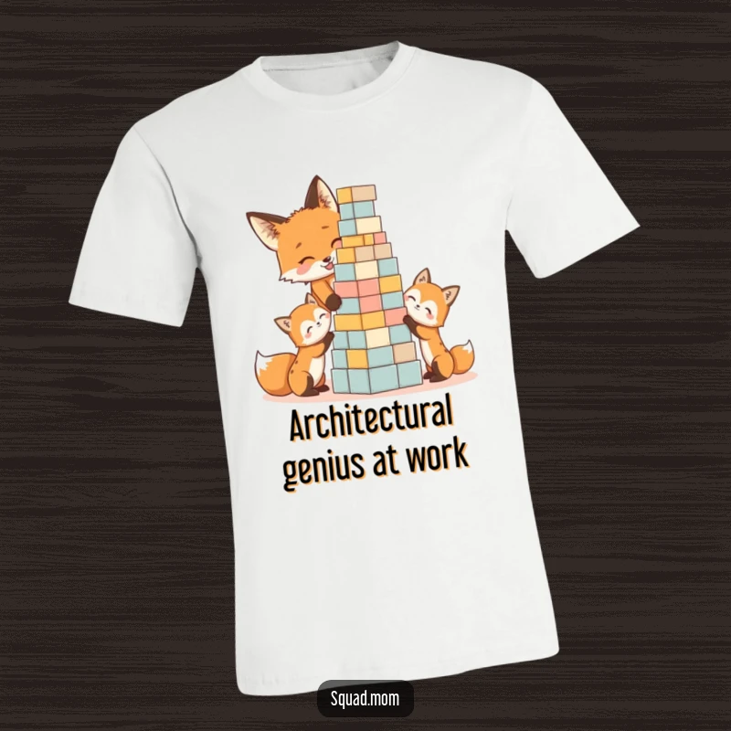 Funny graphic t-shirt of a happy fox mom and her energetic kits constructing a wobbly block tower, a humorous gift.