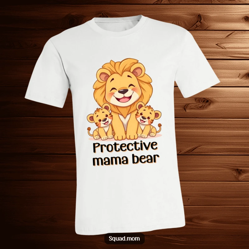 Funny t-shirt featuring a smiling lion mom protecting her playful cubs, showcasing maternal strength and fun for animal lovers.
