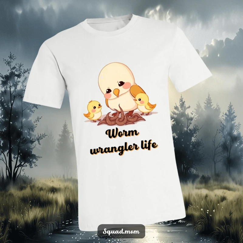 Funny t-shirt design of a caring mama bird diligently feeding worms to her small, chirping offspring, showcasing parental devotion.
