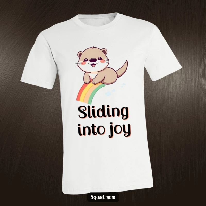 Funny Otter Rainbow T-Shirt: A smiling otter joyfully slides down a bright, colorful rainbow.