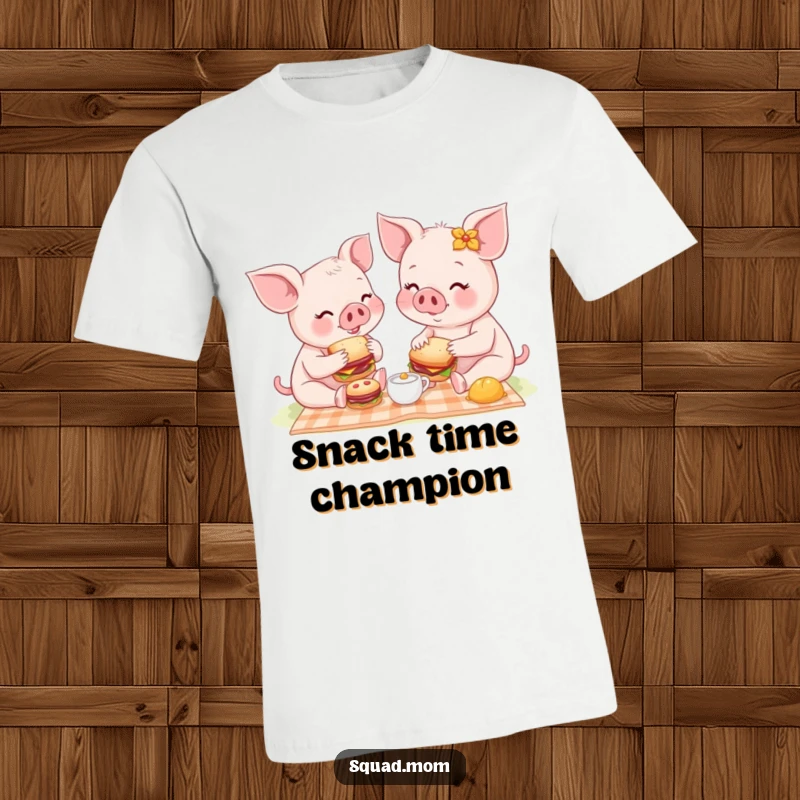 Funny graphic t-shirt of a happy piglet mom and baby sharing tiny sandwiches during a charming picnic, a humorous gift.