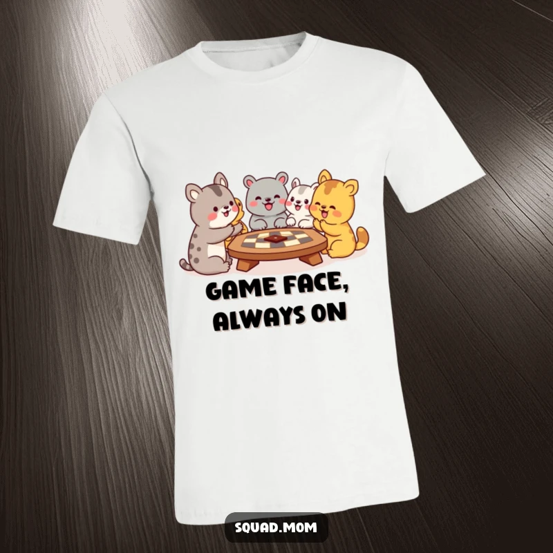 Funny t-shirt with a lively scene of various animal friends passionately playing a board game, their expressions full of excitement and friendly rivalry.