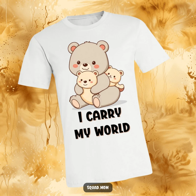 Funny t-shirt featuring a happy bear mom giving her cub a piggyback ride, showcasing fun and nurturing family moments.