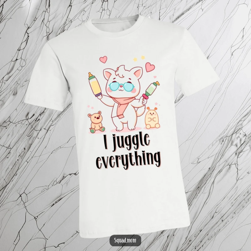 Funny Kawaii mom friend animal character expertly juggling baby bottles and toys on a t-shirt, celebrating mom's skills.