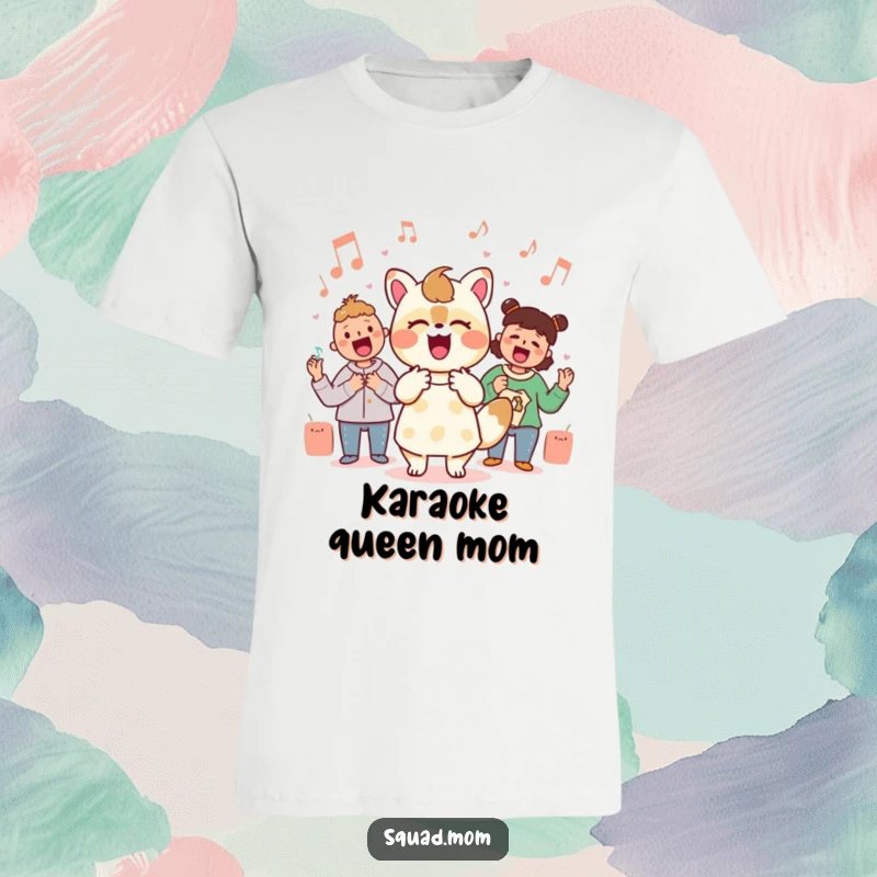 Funny Kawaii mom friend animal character energetically singing along with musical notes on a t-shirt, celebrating music lovers.