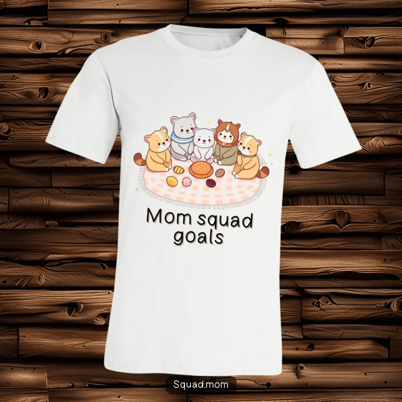 Funny t-shirt, cute animal moms sharing a picnic blanket, highlighting friendship and maternal joy.