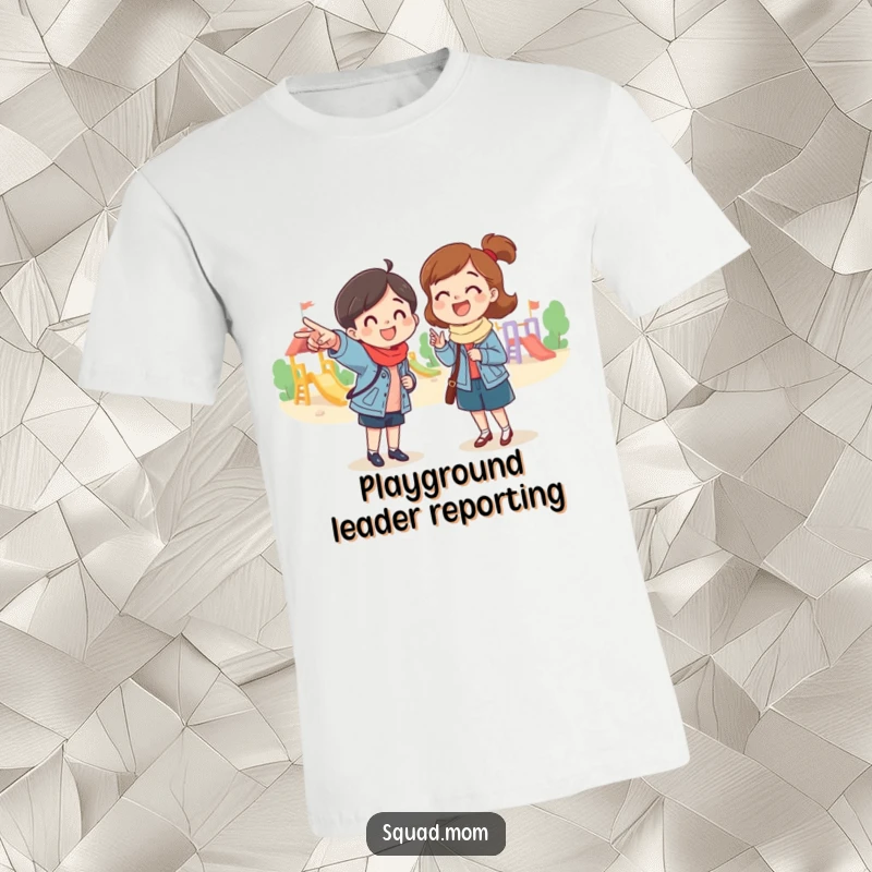 Funny t-shirt of a mom friend pointing excitedly at a playground, depicting enthusiasm and readiness for fun, an excellent funny gift.