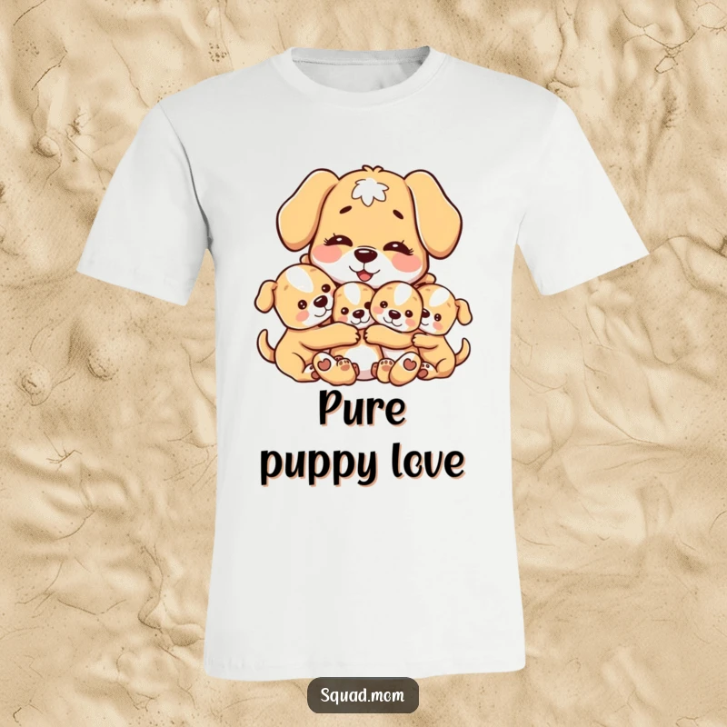 Funny t-shirt design of a nurturing dog character giving her adorable puppies a big, warm hug, radiating pure maternal love.