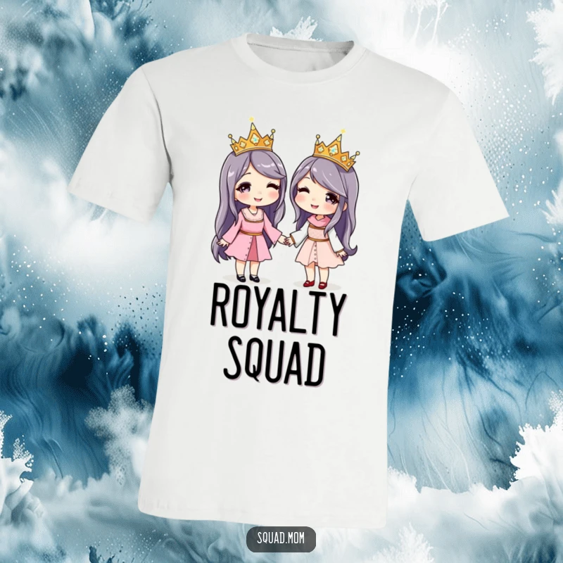 Funny t-shirt showing two women joyfully holding hands, both adorned with matching sparkly crowns, a symbol of true friendship.