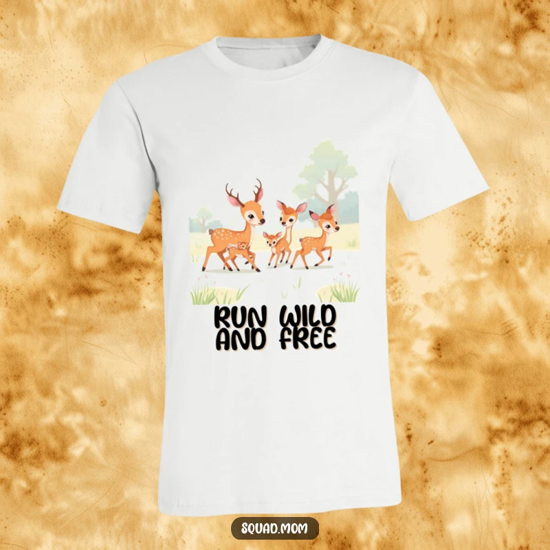 Funny deer moms and fawns playing tag in a meadow, printed on a soft t-shirt, perfect for casual wear and gifting.