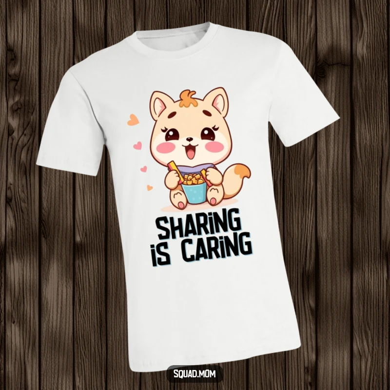 Funny Kawaii mom friend animal character sharing yummy snacks with excitement on a soft t-shirt, perfect for gifting.