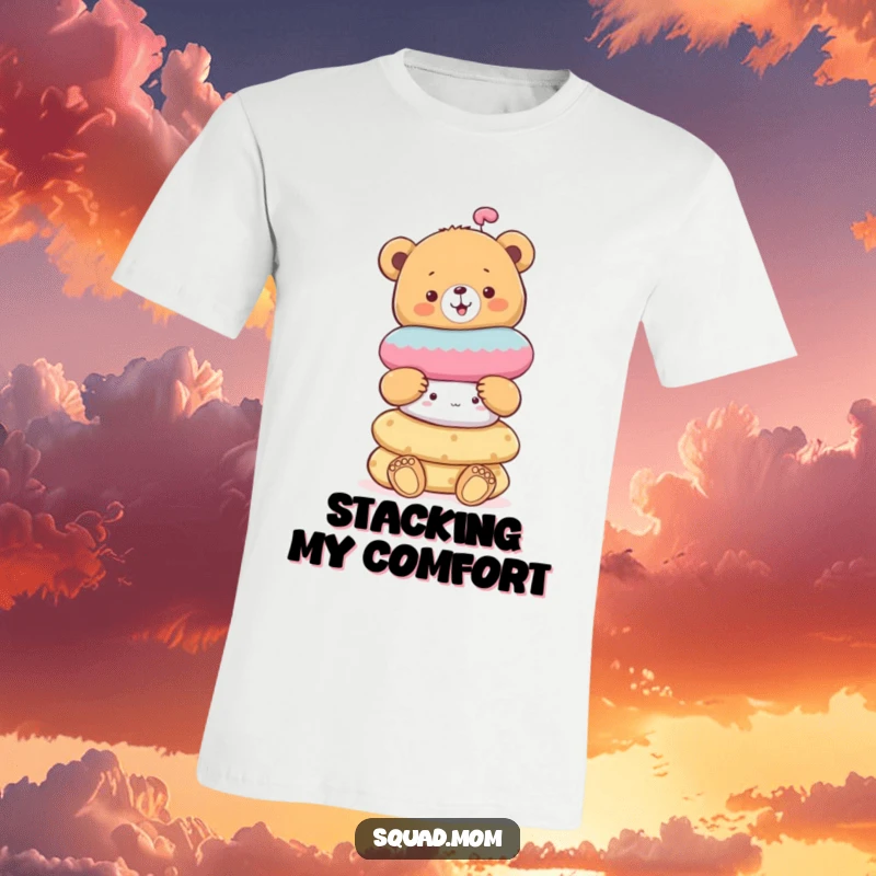 Funny cheerful bear cub humorously balancing a stack of soft toys, a cute and playful t-shirt design.