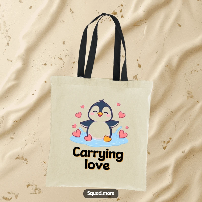 Funny Penguin Heart Splash Tote Bag: A giggling penguin splashes in a puddle of hearts.