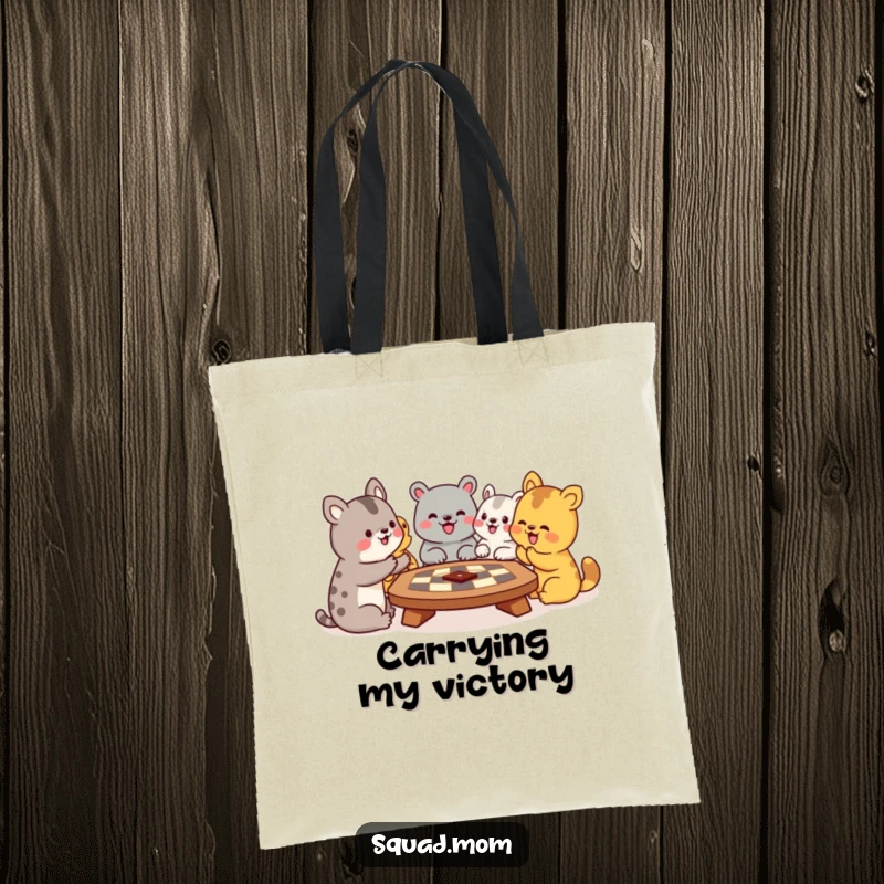 Funny tote bag illustrating animal friends engrossed in a spirited board game, perfect for carrying essentials with a touch of humorous charm.