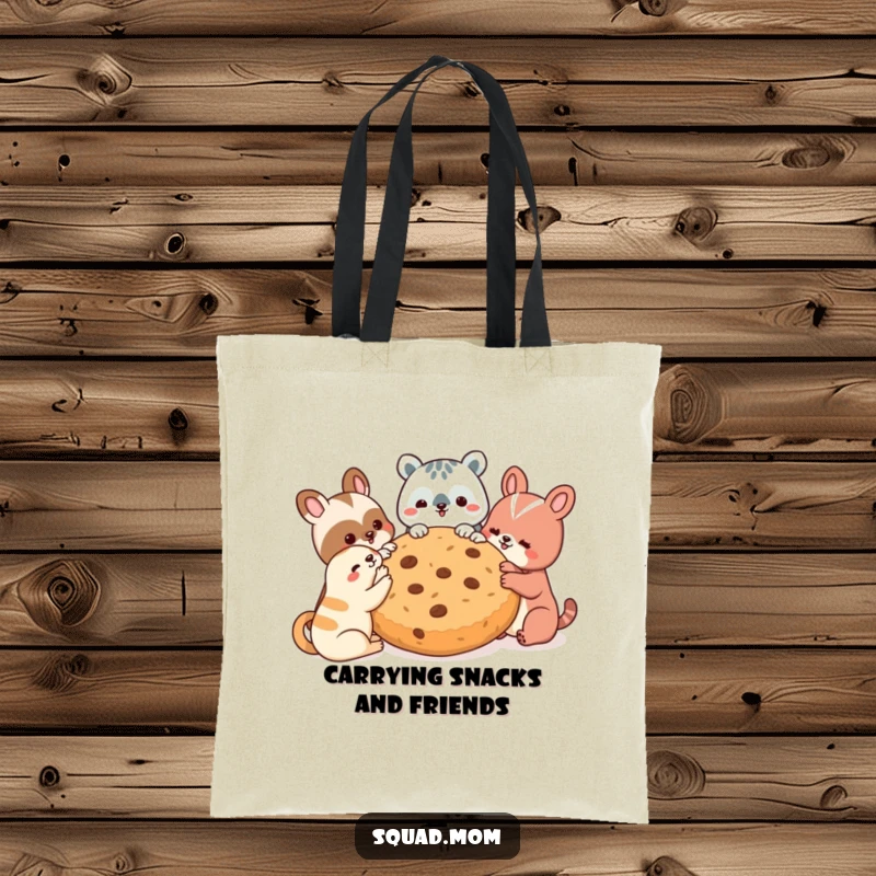 Funny tote bag showcasing a group of happy animal friends sharing a giant cookie, perfect for carrying groceries or giggles.