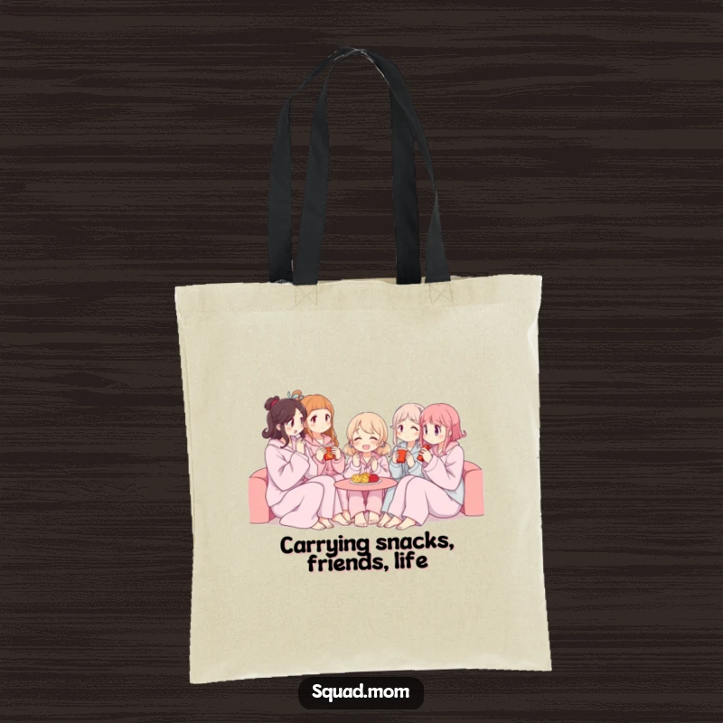 Funny tote bag featuring women in pajamas sharing snacks, perfect for carrying goodies to sleepovers.