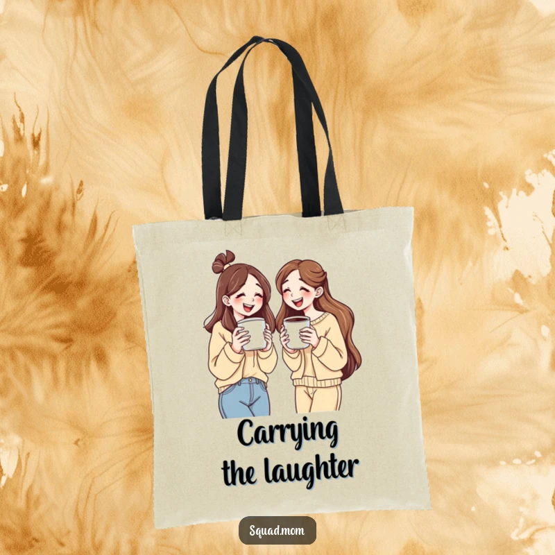 Funny tote bag featuring two women holding large coffee cups, bursting into laughter, perfect for coffee runs.