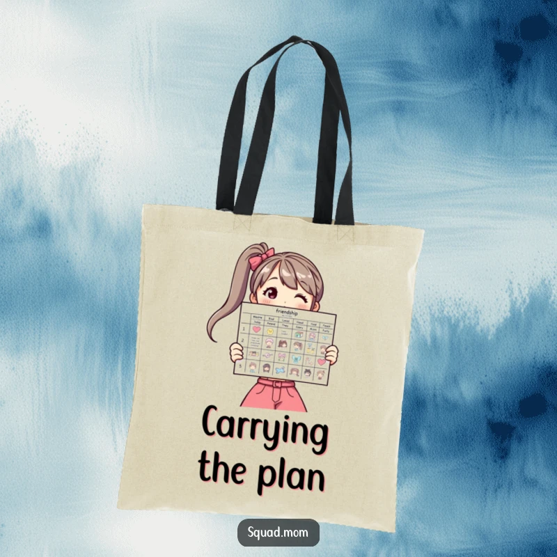 Funny tote bag showing a woman displaying a friendship activity chart, ideal for planners.