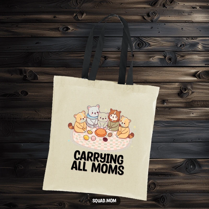 Funny tote bag, cute animal moms sharing a picnic blanket, perfect for carrying essentials with maternal humor.