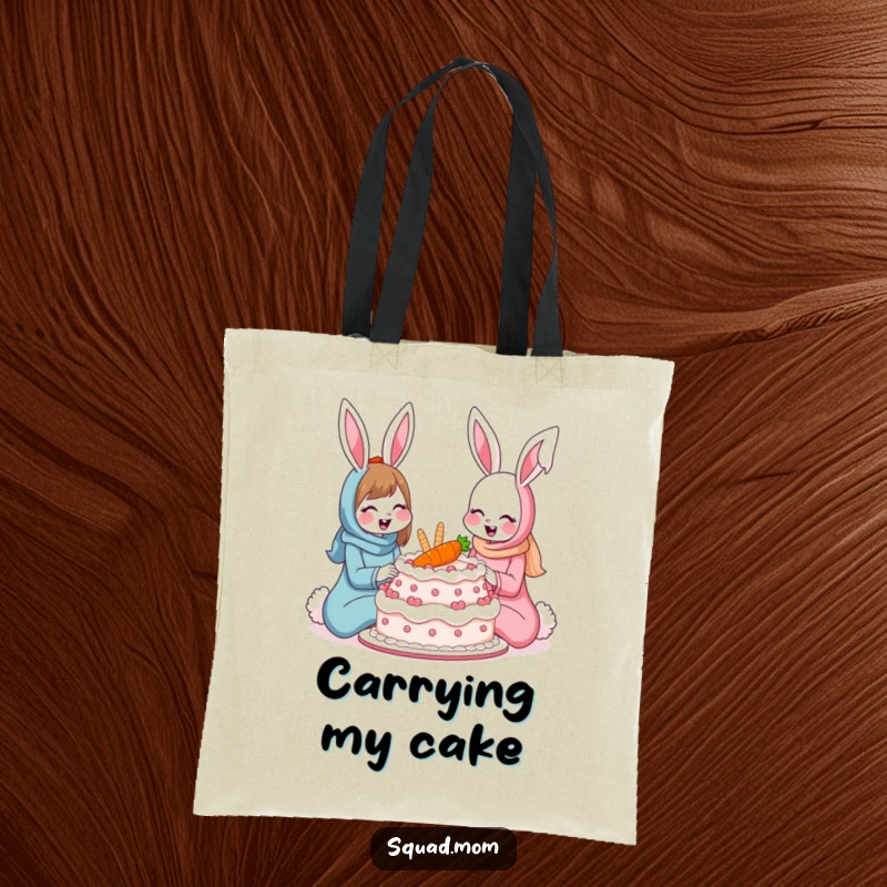 Funny bunny moms tote bag with two smiling rabbits sharing a giant carrot cake, a stylish and humorous accessory for moms.