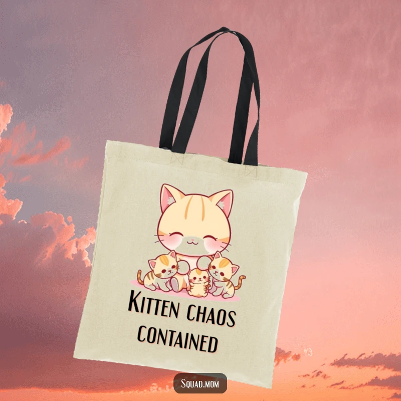Funny cat mom character engaging in playful antics with her tiny, adorable kittens on a sturdy tote bag.