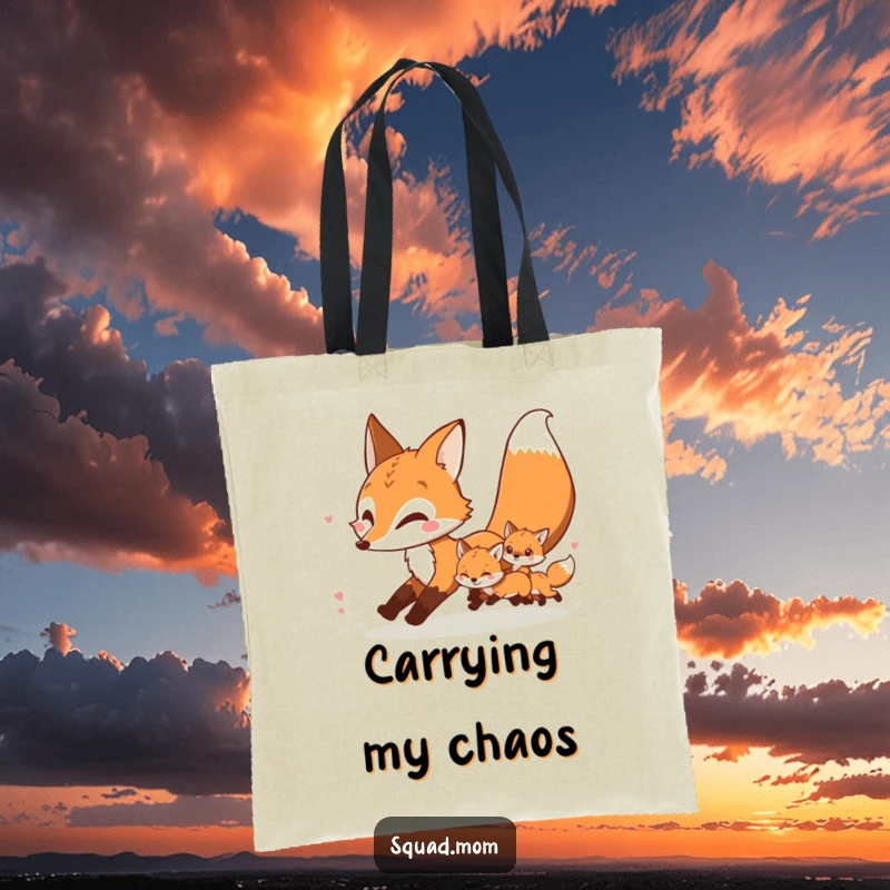 Funny depiction of a mother fox and her kits in a playful chase, featured on a practical and humorous tote bag.