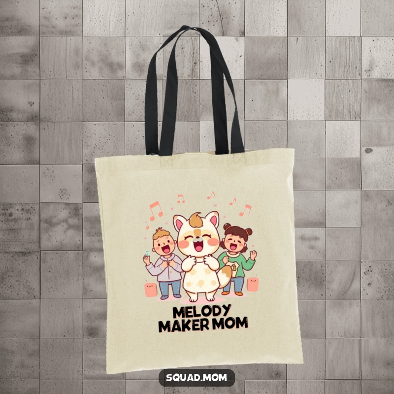 Funny Kawaii mom friend animal character singing with enthusiasm on a durable tote bag, a musical mom accessory.