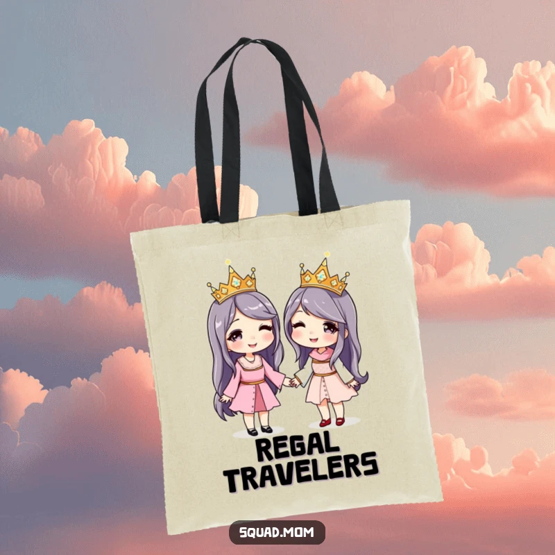 Funny tote bag depicting two women holding hands, both wearing sparkling crowns, celebrating their royal friendship.