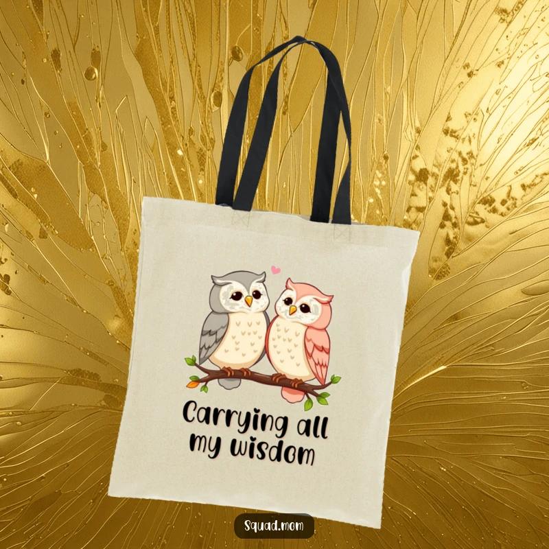 Funny owl moms sharing secrets and gossip while perched on a branch, printed on a durable tote bag, great for shopping and outings.