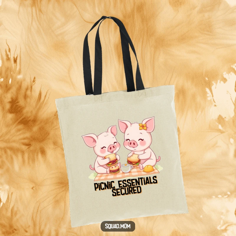 Funny tote bag illustration of a mother piglet and baby sharing tiny sandwiches at a cheerful picnic, a humorous accessory.