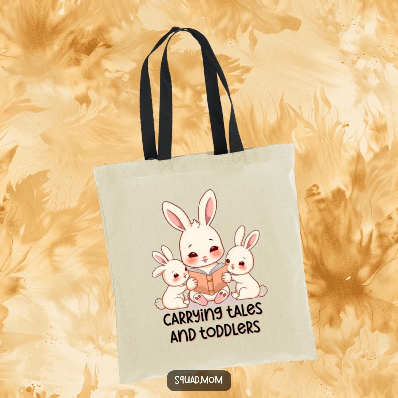 Funny rabbit mom character reading a story to her baby bunnies, a charming and functional tote bag design.