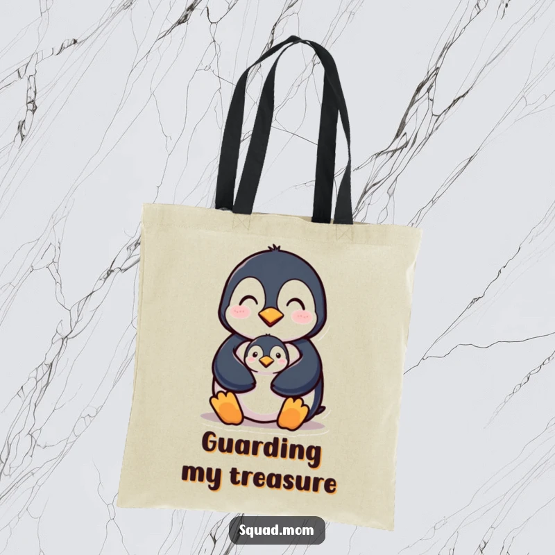 Funny tote bag featuring a penguin mom character protecting her chick, ideal for carrying essentials with a heartwarming message.