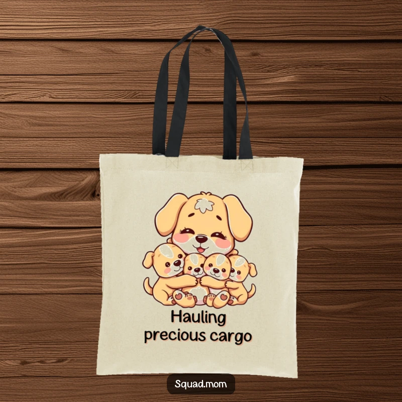 Funny tote bag depicting a sweet motherly dog character affectionately hugging her playful puppies, perfect for stylish and sentimental carrying.