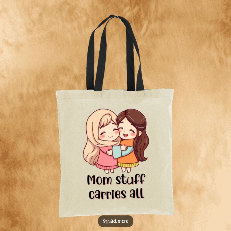 A cheerful mom friend giving a warm hug to another, featured on a sturdy tote bag, symbolizing support and camaraderie.