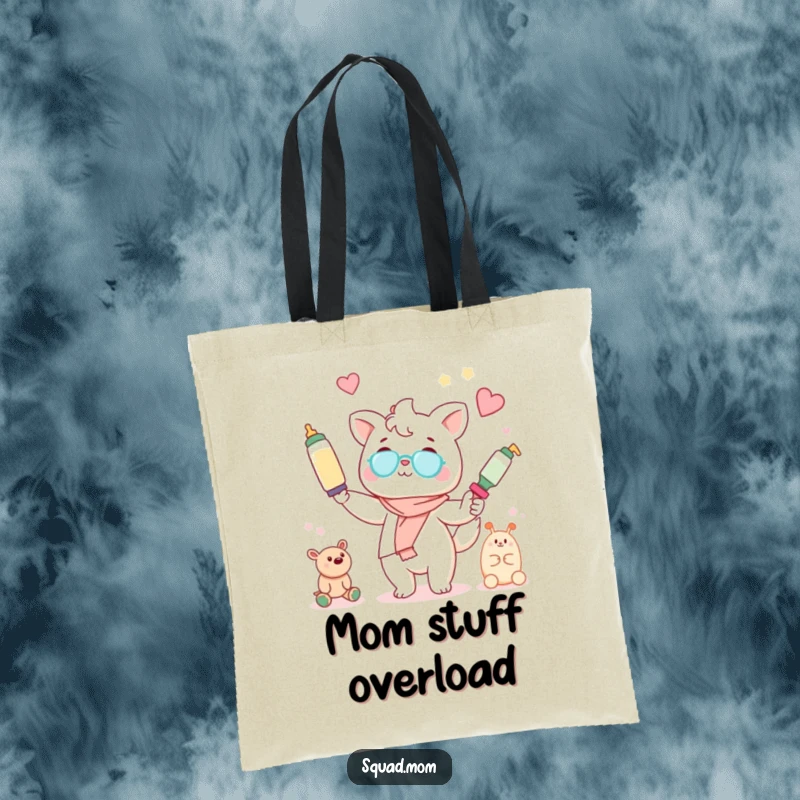 Funny Kawaii mom friend animal character juggling baby bottles and toys on a durable tote bag, a practical mom accessory.