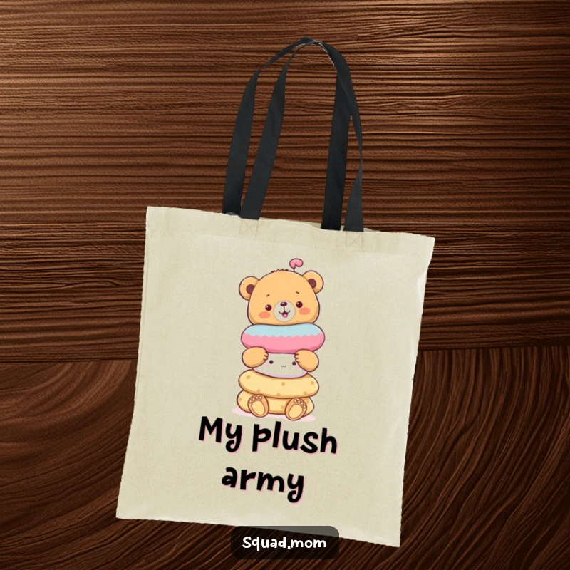 Funny cheerful bear cub balancing a stack of soft toys, a cute and humorous tote bag for daily use.