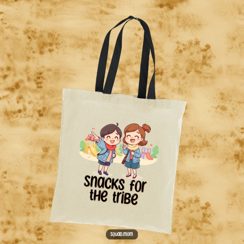 Funny tote bag of a mom friend pointing excitedly at a playground, ideal for park trips with added humor, a practical and funny gift.