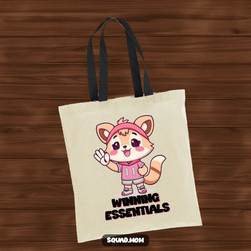 Funny Kawaii Mom Friend Tote Bag: A sweet animal character cheers for a small athlete, symbolizing unwavering support and encouragement.